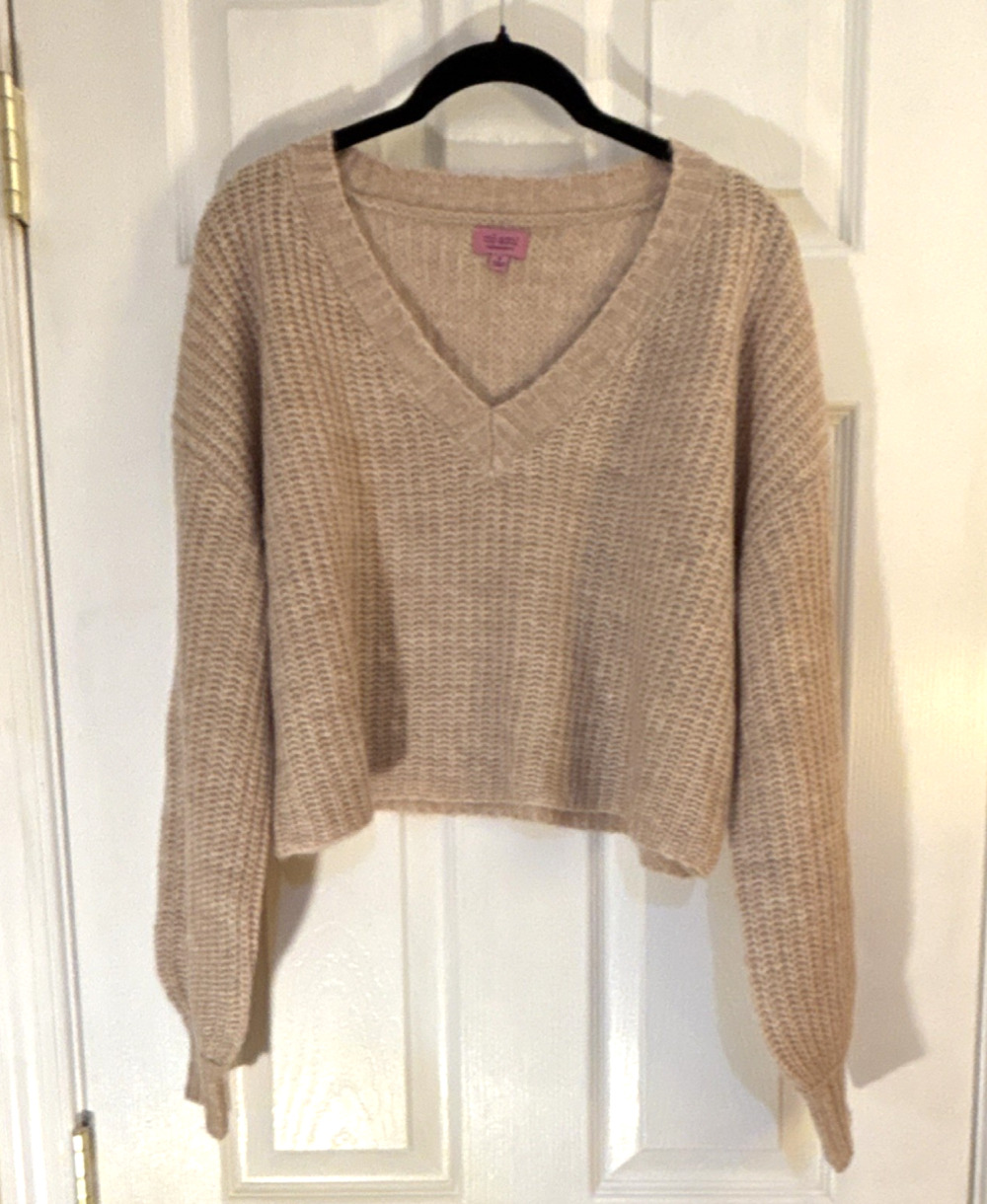 mi ami for francesca's Knit V-Neck Crop Sweater Beige Long Sleeve Women's S